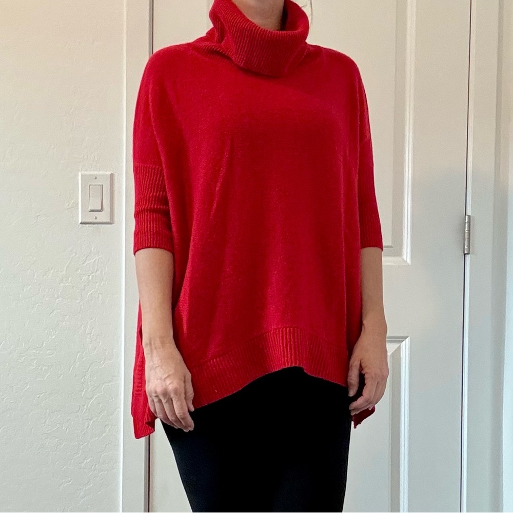 Beryll Luxury Red Cashmere Knit Cowl Neck Sweater Poncho
